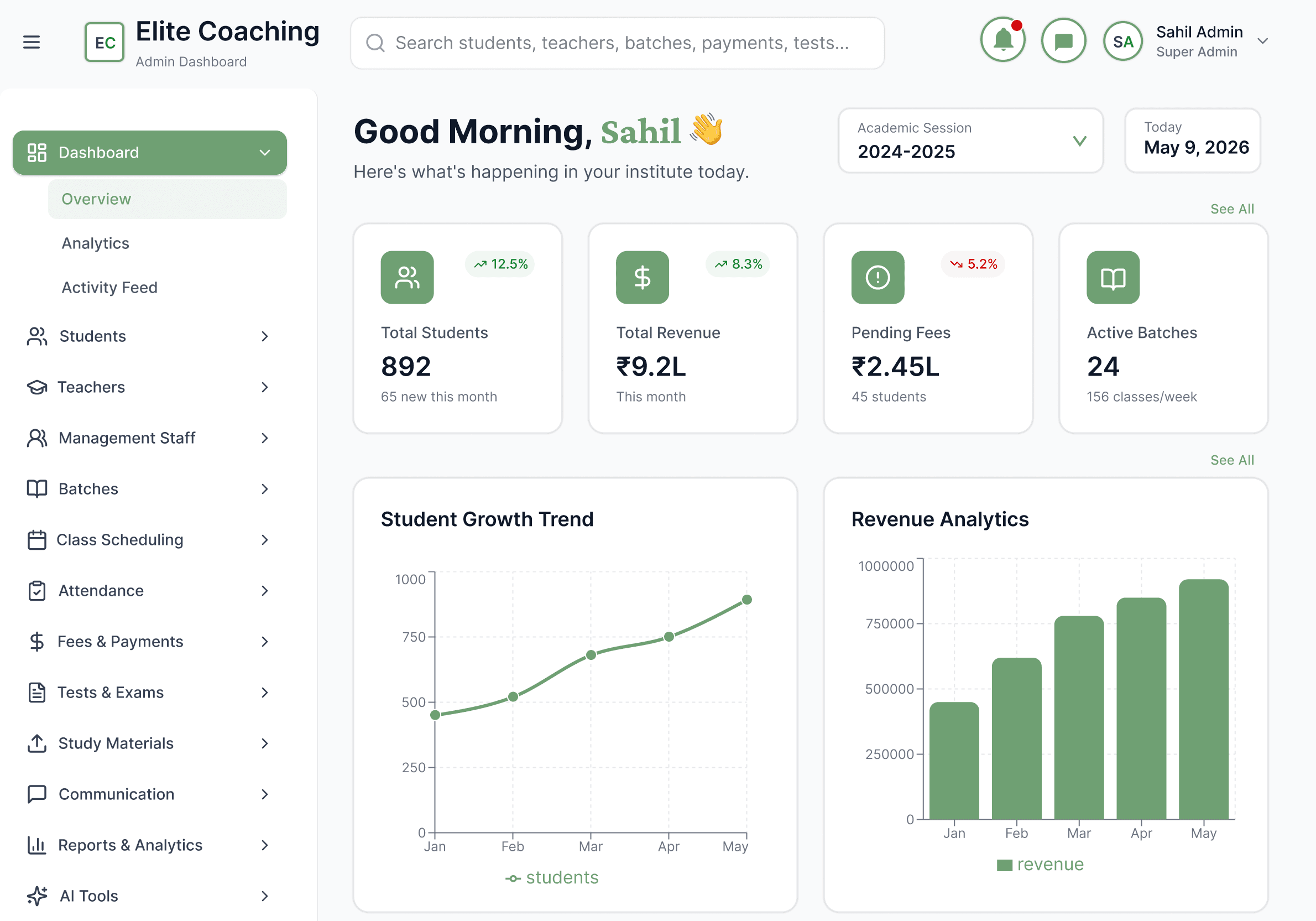 RougeClasses Coaching Institute Management Dashboard Preview
